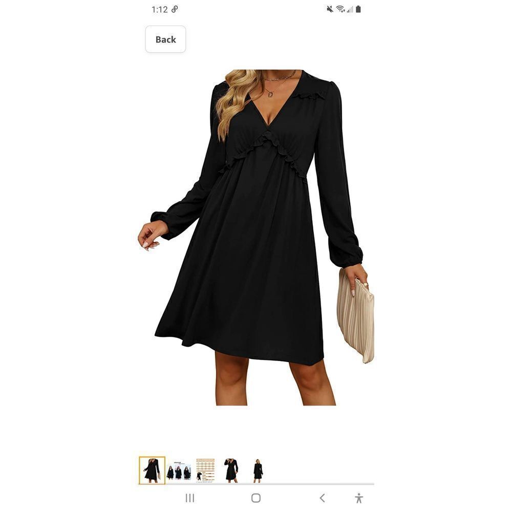 New Medium Aokosor Black Long Sleeve Deep V-Neck Ruffle Midi Mini Dress NWT